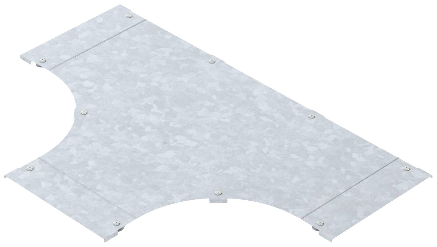 Metallplattenstück mit T-förmigem Design und mehreren Befestigungspunkten, vermutlich als Verbindung oder Abdeckung verwendbar.