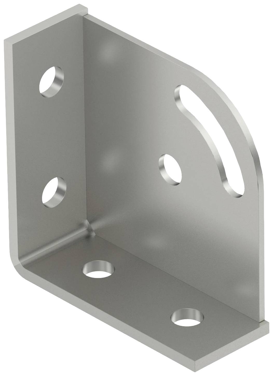 Metallwinkel mit fünf Löchern, vier runden und einem länglichen. Verwendet zur Befestigung oder Verbindung von Bauteilen.