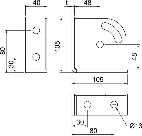 Technische Zeichnung einer Metallhalterung mit Maßen: Höhe 105 mm, Breite 105 mm, Tiefe 48 mm; enthält Bohrlöcher Ø13 mm.