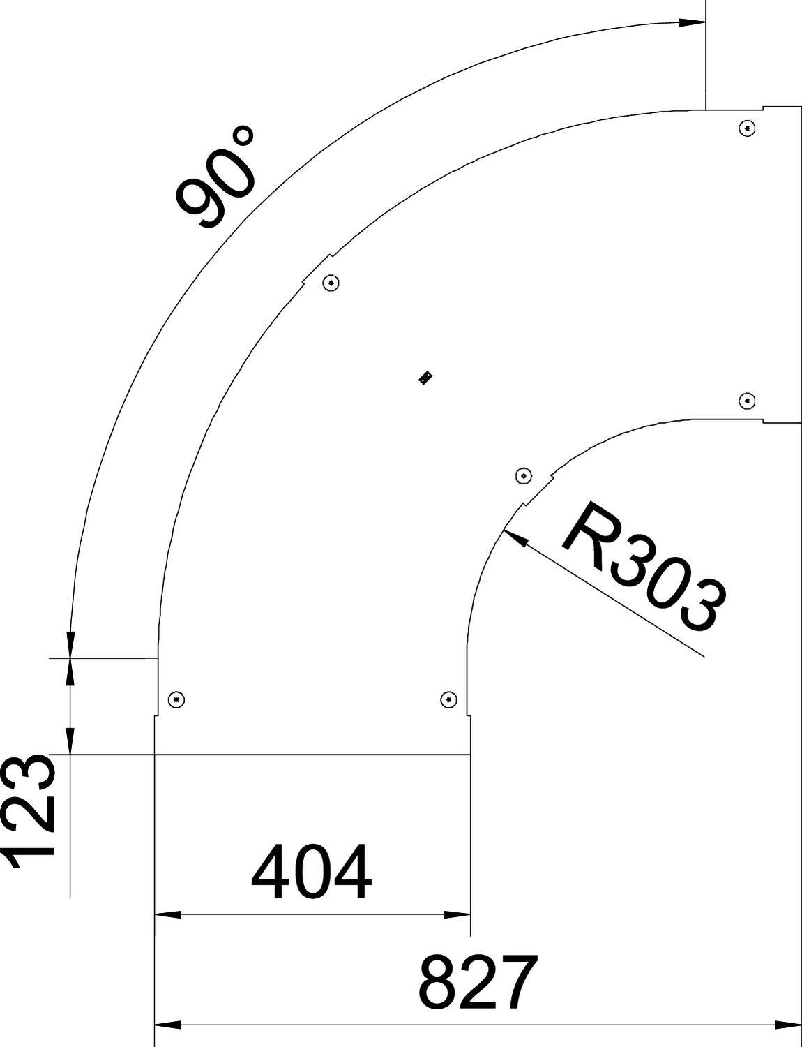 Technische Zeichnung eines 90-Grad-Winkels mit Radienangabe von R303 mm. Maße sind 123 mm, 404 mm und 827 mm.