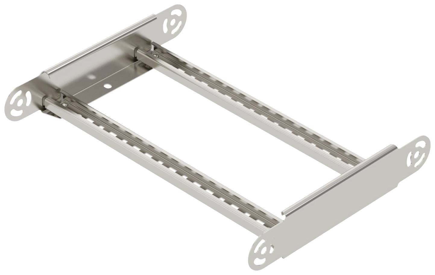 Metallische Teleskopschiene mit zwei Schienen und Montageplatten, verwendet zur Befestigung von Komponenten in technischen Anwendungen.