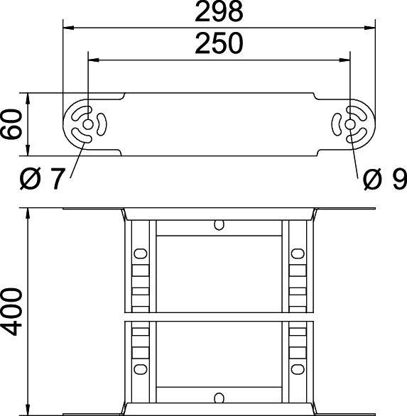 Technische Zeichnung eines rechteckigen Bauteils mit Maßen: Breite 298 mm, nutzbare Länge 250 mm, Höhe 60 mm. Schraubenlöcher Ø 7 mm und Ø 9 mm. Höhe der Struktur 400 mm.