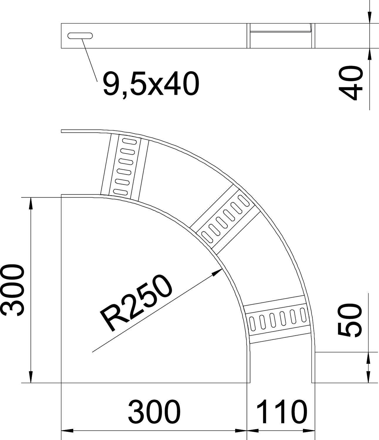 Technische Zeichnung eines gebogenen Metallprofils mit Aufkantungen. Maße: 9,5x40, 300x50. Radius R250. Weitere Details: Löcher.