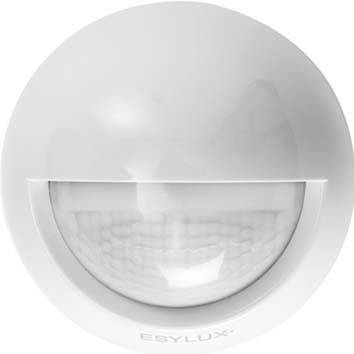 Ein runder, weißer Bewegungsmelder mit gewölbtem Sensorbereich von ESYLUX. Ideal zur Erfassung von Bewegungen in Räumen.