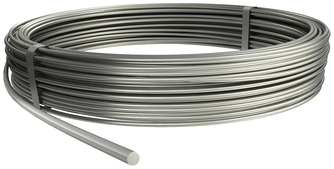 Ein aufgerollter Metallstab, der auf einer ebenen Fläche liegt. Der Draht hat eine glänzende, silberne Oberfläche und ist dicht gewickelt.