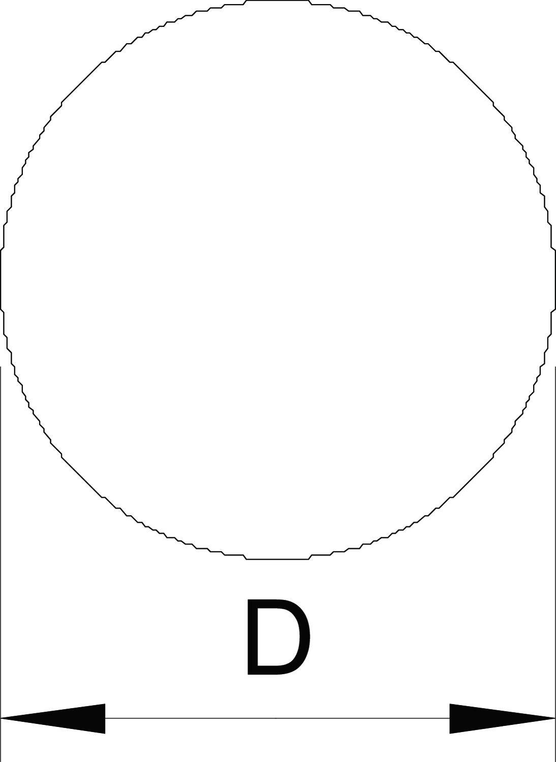 Schematische Darstellung eines Kreises mit Durchmesser 'D' und zwei Pfeilen an den Enden, die den Durchmesser visualisieren.