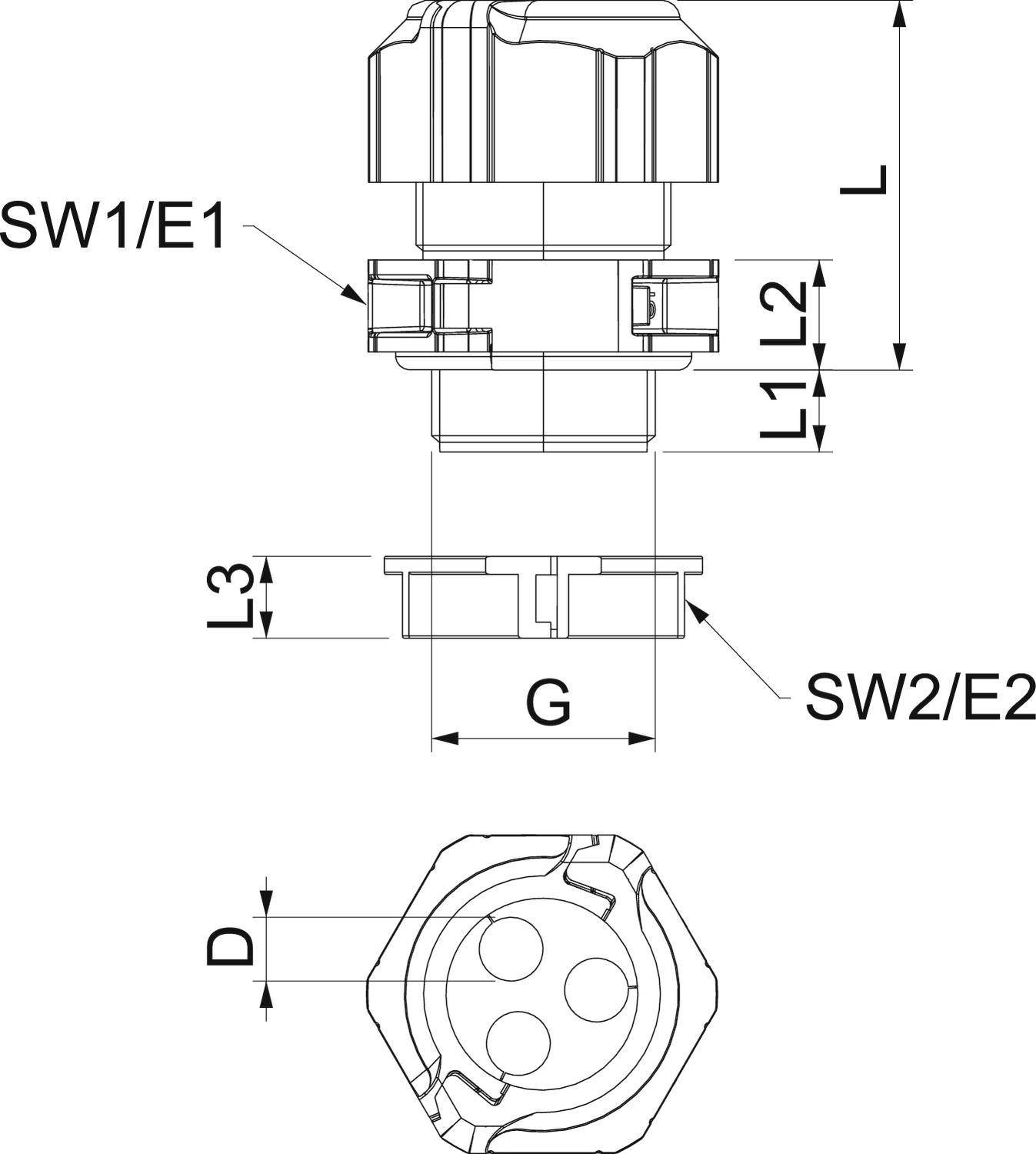 Technische Zeichnung einer Kabelverschraubung mit Maßangaben SW1/E1, SW2/E2, L, L1, L2, L3, G, und D. Draufsicht und Seitenansicht.