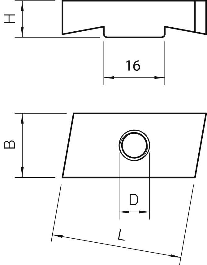Technische Zeichnung eines rechteckigen Metallstücks mit kreisförmigem Loch. Maße: Länge (L), Breite (B), Höhe (H), Lochdurchmesser (D).