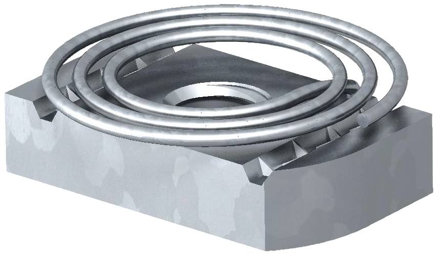 Metallischer Dichtungsring in Spiralform auf einem rechteckigen Metallblock, offensichtlich für industrielle Anwendungen geeignet.