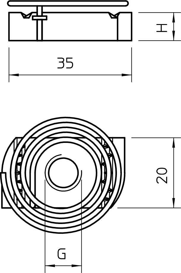 Technische Zeichnung einer Feder, zeigt eine Seitenansicht und Draufsicht mit Bemaßungen: 35 mm Breite, 20 mm Durchmesser.