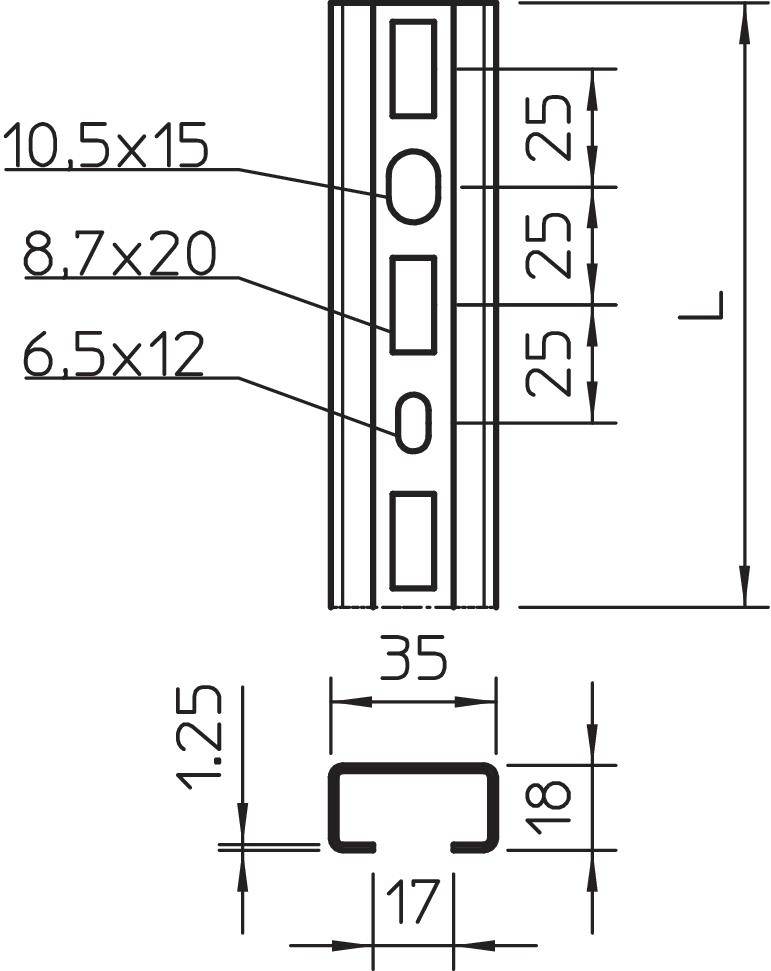 Technische Zeichnung eines rechteckigen Profils mit Maßen: 35 mm Breite, 18 mm Höhe und gezeichneten Bohrungen: 10,5x15, 8,7x20, 6,5x12 mm.