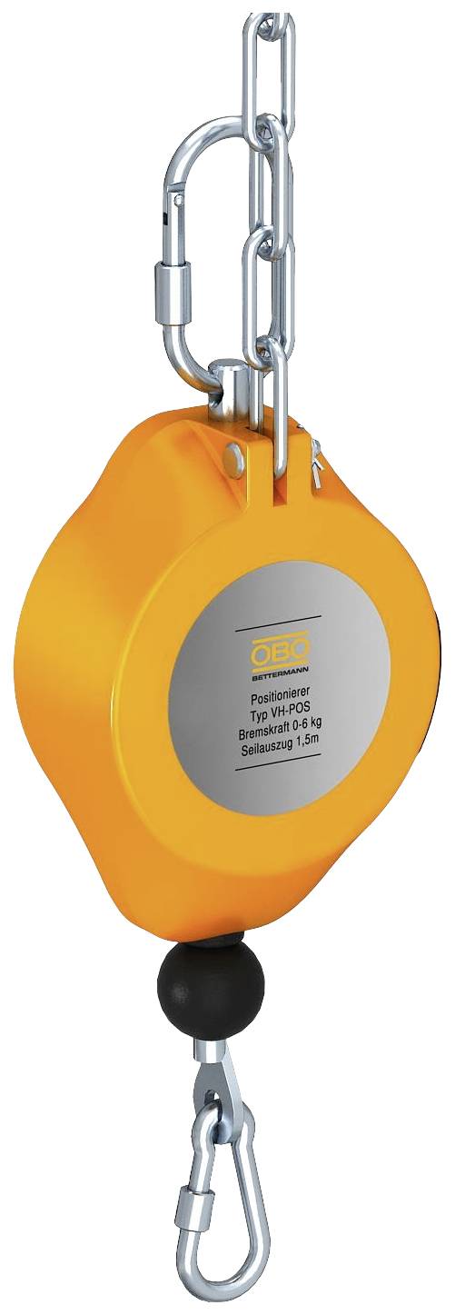 Ein orangefarbenes Höhensicherungsgerät mit silbernem Etikett und Haken, das zum Schutz vor Stürzen dient.
