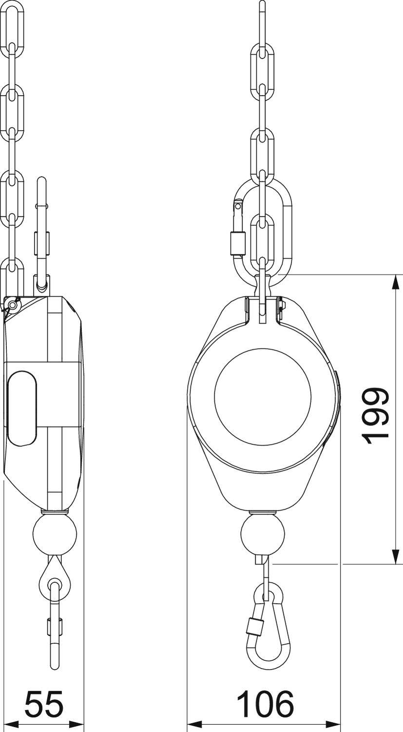 Technische Zeichnung eines Kettenzugs mit seitlicher und frontaler Ansicht, zeigt Maße: Höhe 199 mm, Breite 106 mm, Tiefe 55 mm.