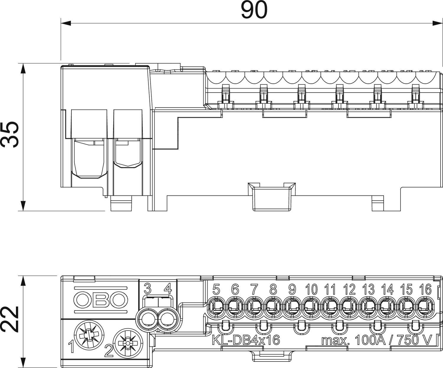 Ansicht eines elektrischen Verteilers mit acht Anschlüssen, Maßangaben 90x35x22 mm, Spannung bis 750 V, Maximalstrom 100 A.