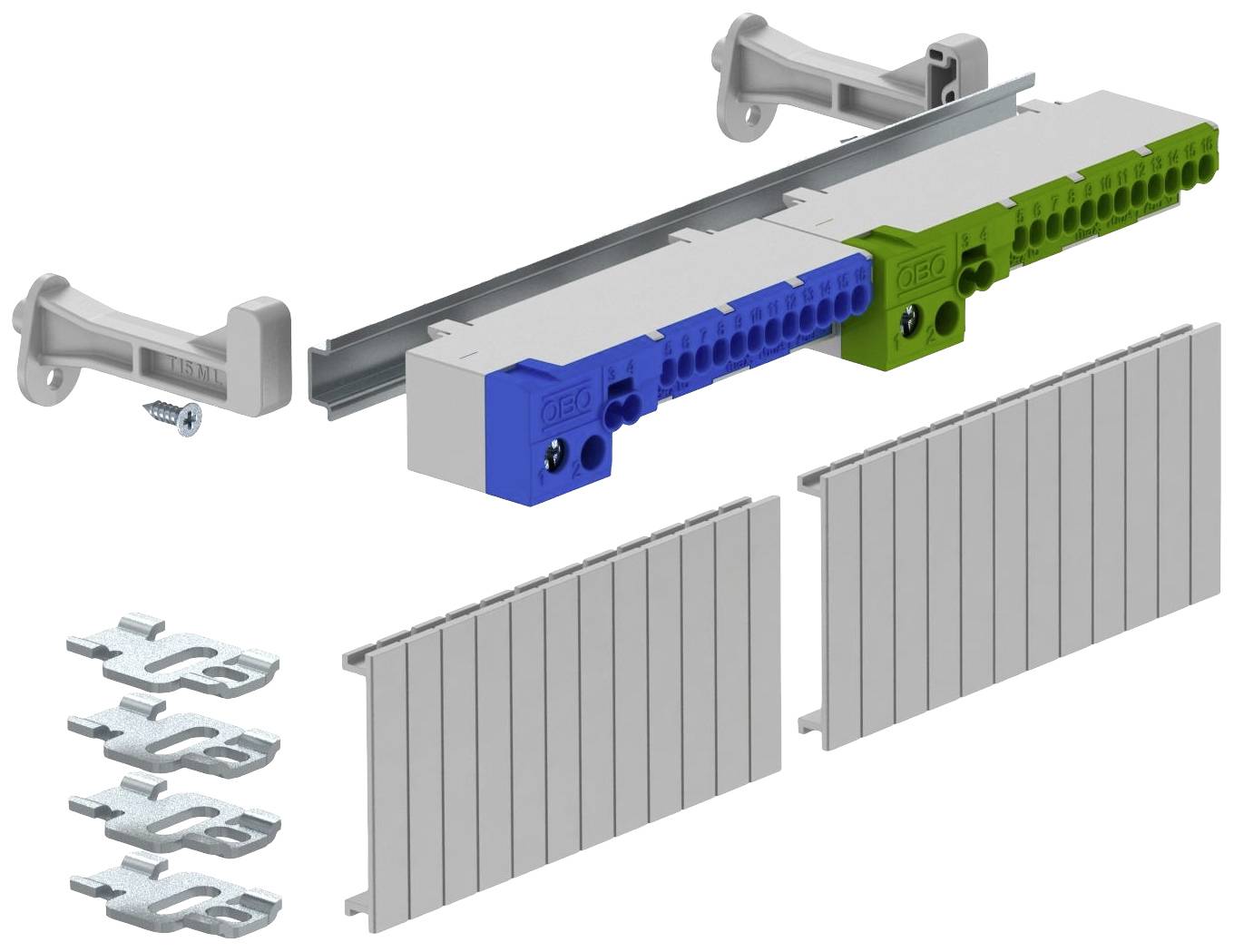 Explosionszeichnung eines elektrischen Verteilersystems mit farblich gekennzeichneten Komponenten und Montagematerial.