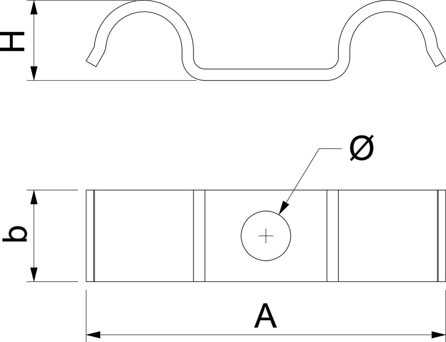 Technische Zeichnung einer Halterung. Oben Ansicht von der Seite mit Höhe 'H'. Unten Draufsicht mit Breite 'b', Länge 'A', Lochdurchmesser 'Ø'.