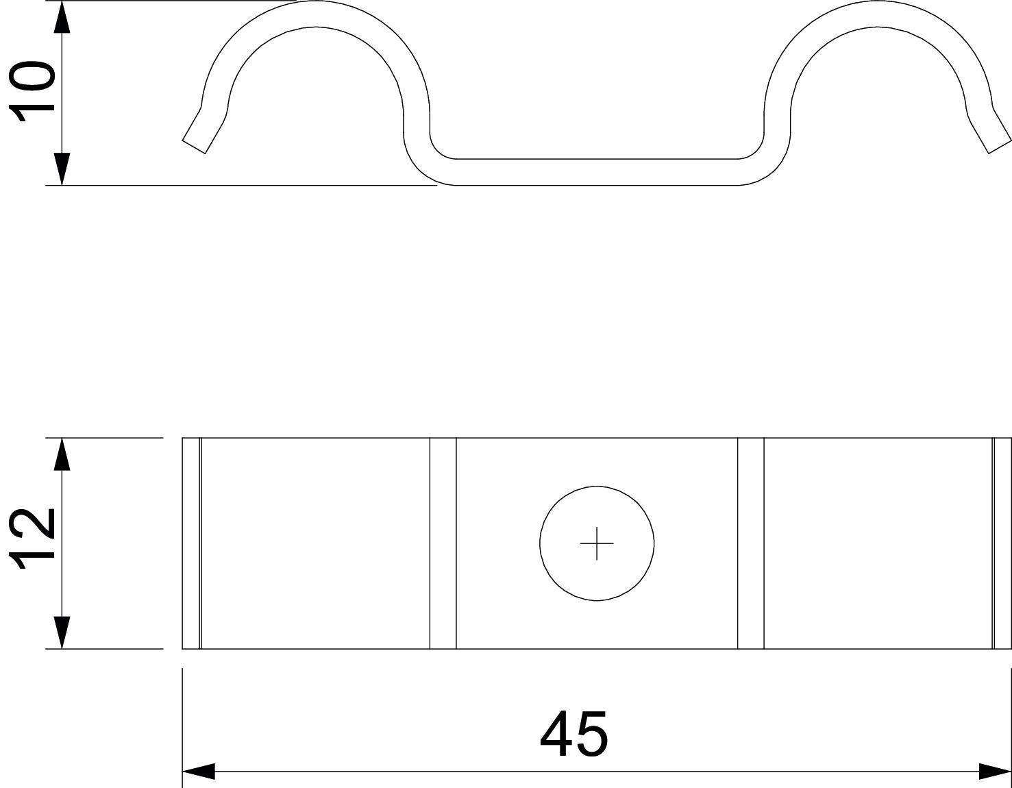 Technische Zeichnung eines Metallclips mit Biegeradius. Maße: 10 mm Höhe, 12 mm Breite, 45 mm Länge.