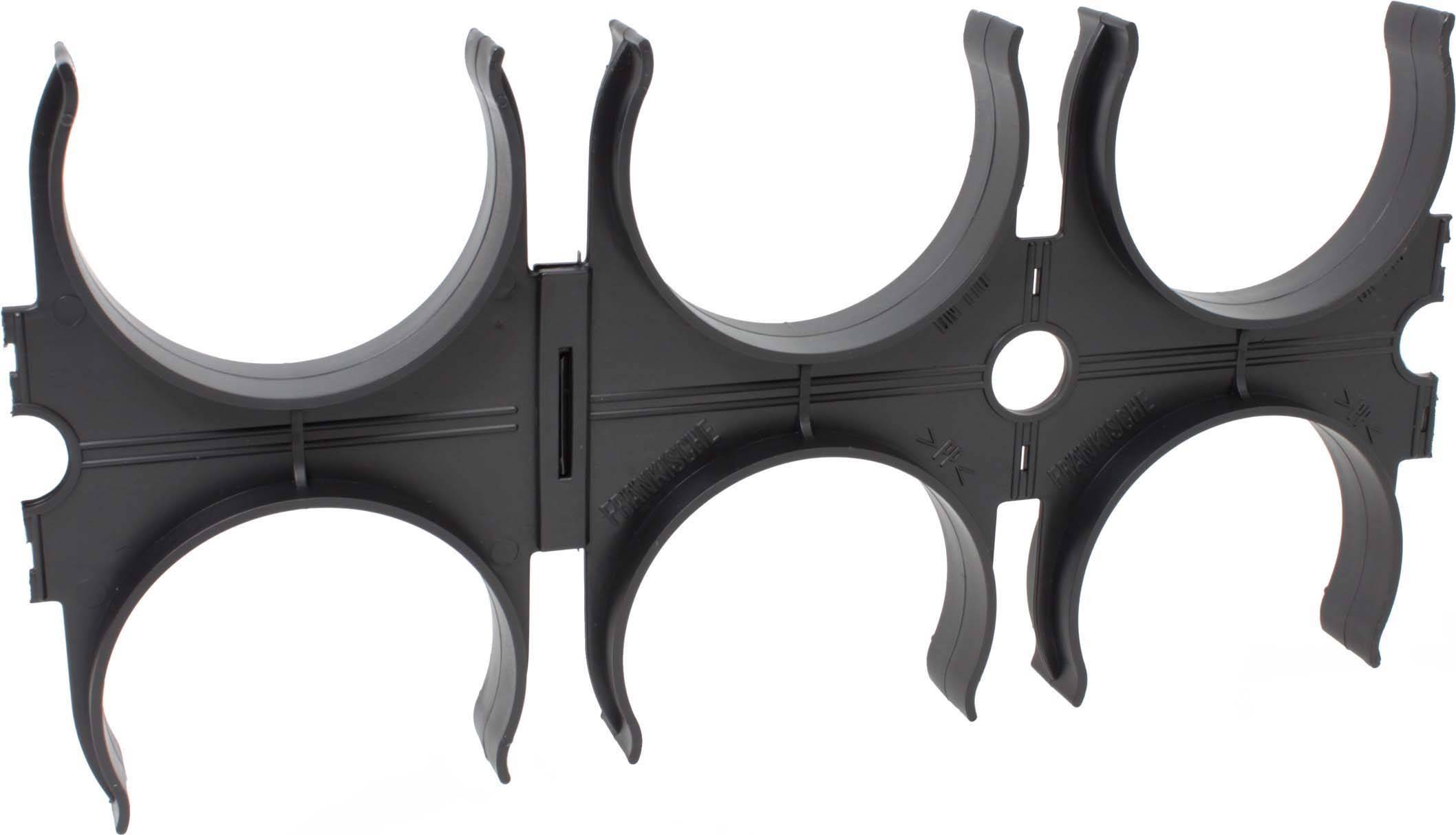 Eine schwarze Halterung mit vier kreisförmigen Clips, die dazu dient, zylindrische Objekte sicher zu fixieren.