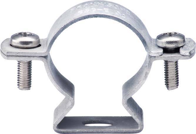 Einzelkabelschelle aus Metall mit zwei Schrauben zur Befestigung, geeignet für stabile Befestigung von Kabeln an Wänden oder Oberflächen.