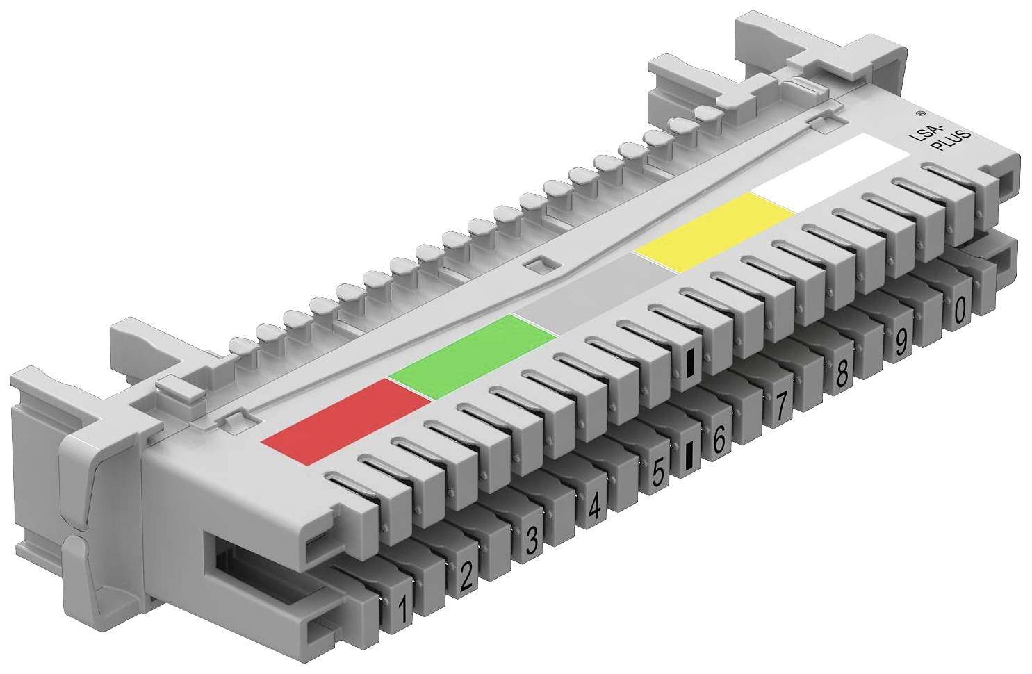 Ein graues Patchpanel mit nummerierten Anschlüssen von 1 bis 10. Oben farbige Markierungen: Rot, Grün, Gelb und Weiß.