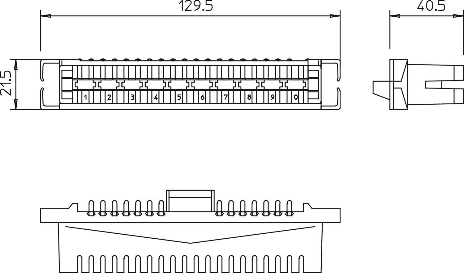Technische Zeichnung eines rechteckigen Steckverbinders mit Abmessungen: 129,5 mm Länge, 21,5 mm Breite, 40,5 mm Tiefe.