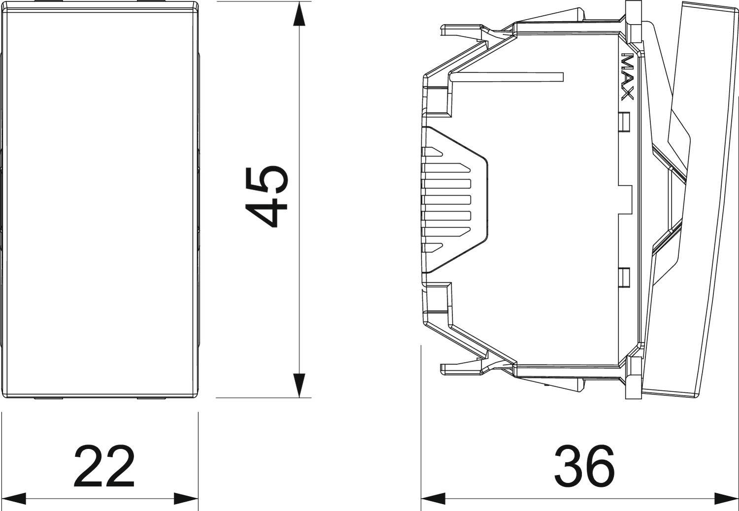 Technische Zeichnung eines elektrischen Schalters. Maße: Breite 22 mm, Höhe 45 mm, Tiefe 36 mm.