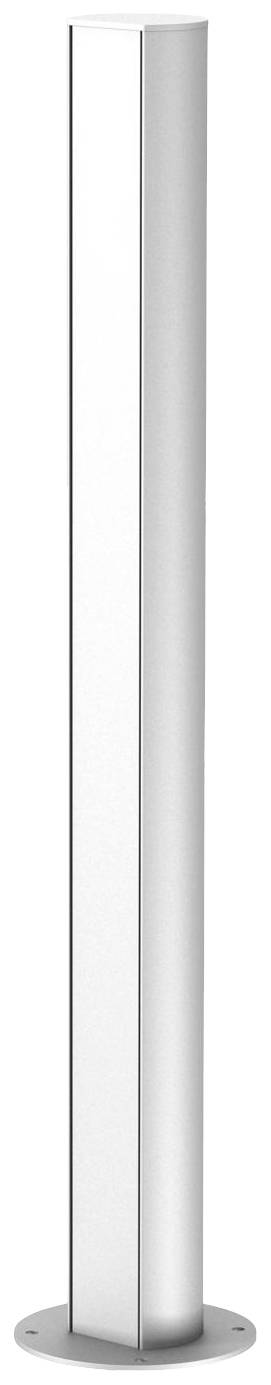 Weiße, schlanke Metallsäule auf rundem Standfuß, möglicherweise ein architektonisches oder funktionales Element.