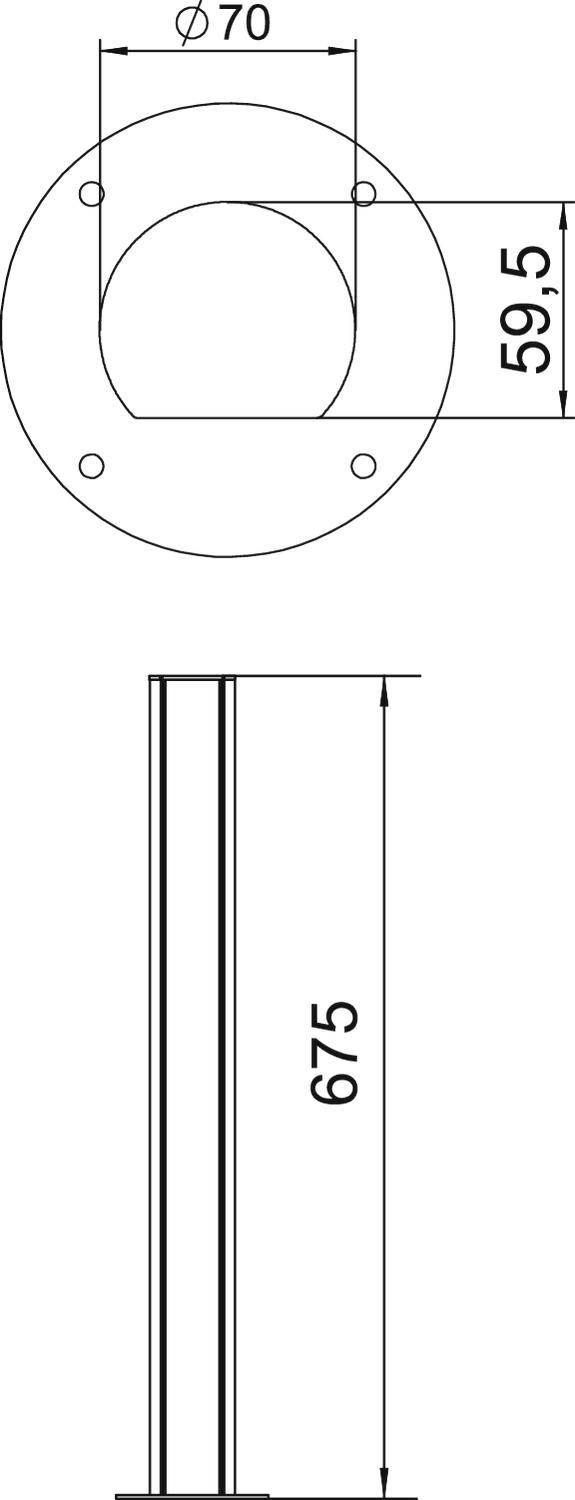 Technische Zeichnung eines zylindrischen Objekts mit Flansch. Oben: Ansicht des Flansches mit vier Löchern, Durchmesser 70 mm. Unten: Seitenansicht, Länge 675 mm.