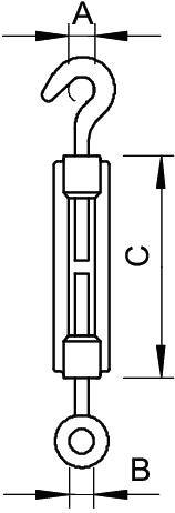Diagramm eines Spannschlosses mit Haken oben und Öse unten. Beschriftet mit Maßen 'A', 'B' und 'C'.