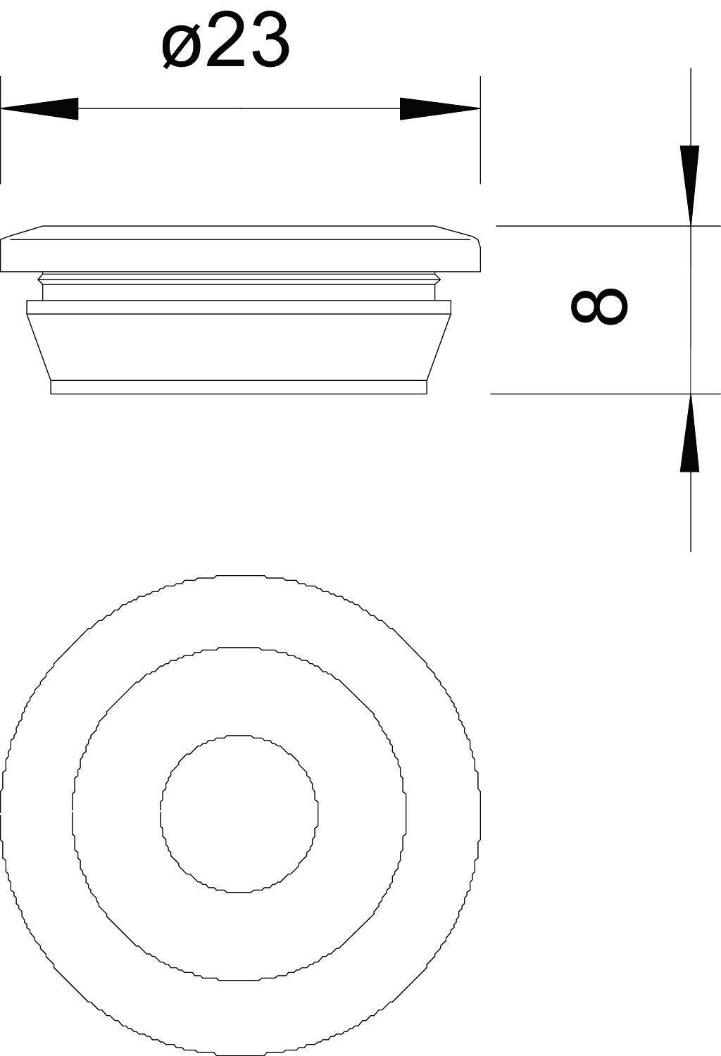 Technische Zeichnung eines Zylinders mit einem Durchmesser von 23 mm. Draufsicht und Seitenansicht sind dargestellt.
