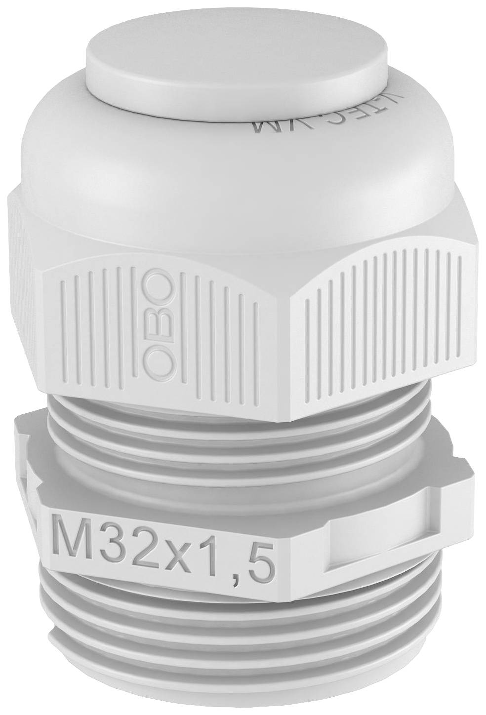 Ein weißer Kabelverschraubungsstecker mit der Aufschrift 'OBO' und der Größe 'M32x1,5', verwendet für Kabeldurchführungen.