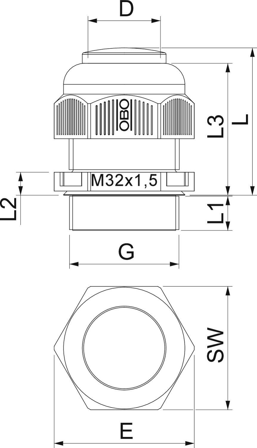 Technische Zeichnung eines Kabelverschraubungs-Messschemas mit Maßen D, L3, L2, L1, L und G. Darunter Draufsicht mit Maßen SW und E.