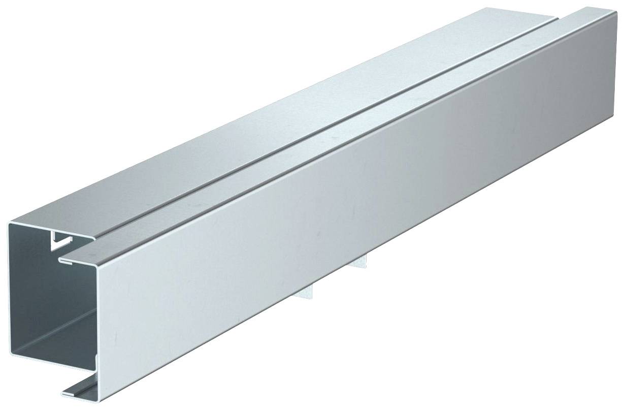 Ein graues, rechteckiges Aluminiumprofil in einer seitlichen Ansicht, zeigt seine Form und Metallstruktur.