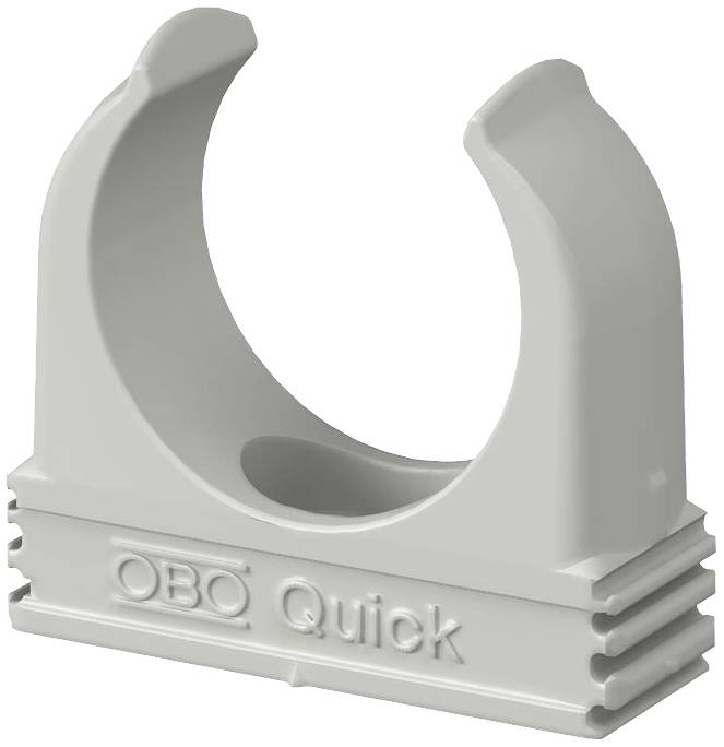 Ein grauer Kabelhalter aus Kunststoff mit der Aufschrift 'OBO Quick', zum Befestigen von Kabeln an einer Wand oder Oberfläche.