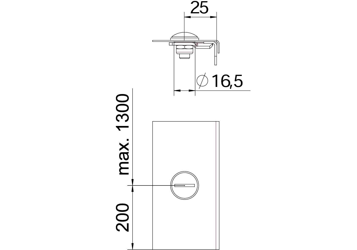 Technische Zeichnung einer Montageanleitung mit Maßen: Breite 25, Höhe 16,5, Maximalhöhe 1300, andere Höhe 200.