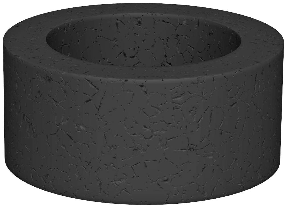 Zylindrischer, dunkelgrauer, strukturierter Donut-ähnlicher Ring, möglicherweise aus einem festen Material, liegt auf einer ebenen Fläche.