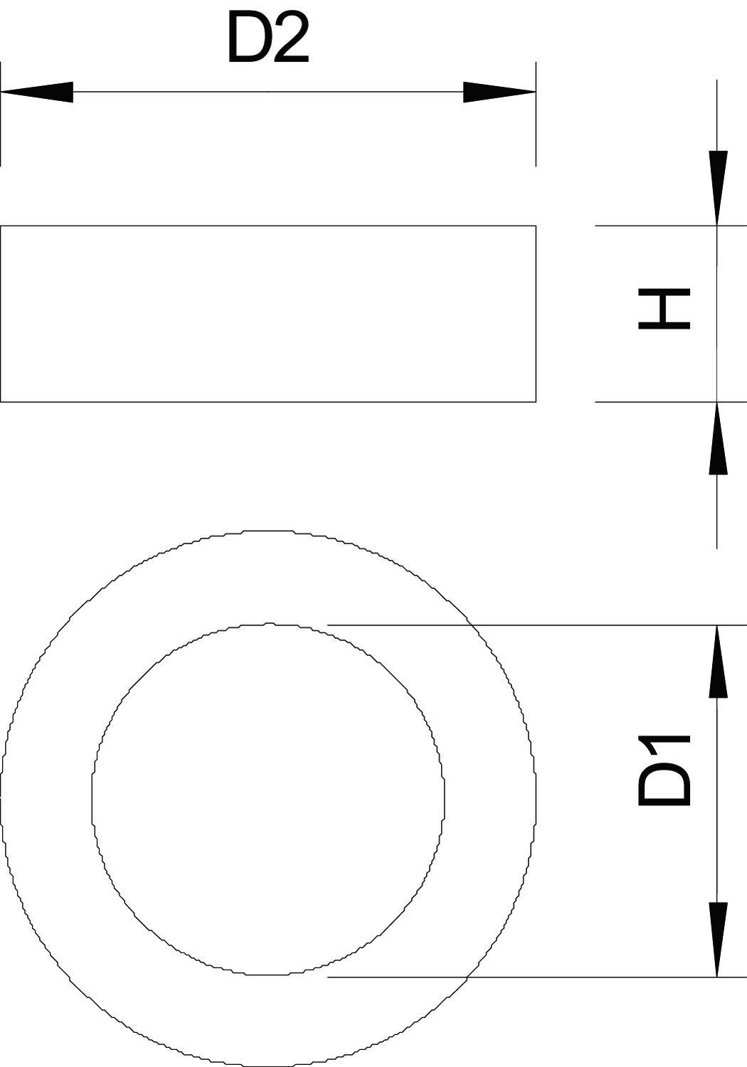 Technische Zeichnung eines zylindrischen Objekts mit Maßen D2 und H in Draufsicht und D1 in Seitenansicht.