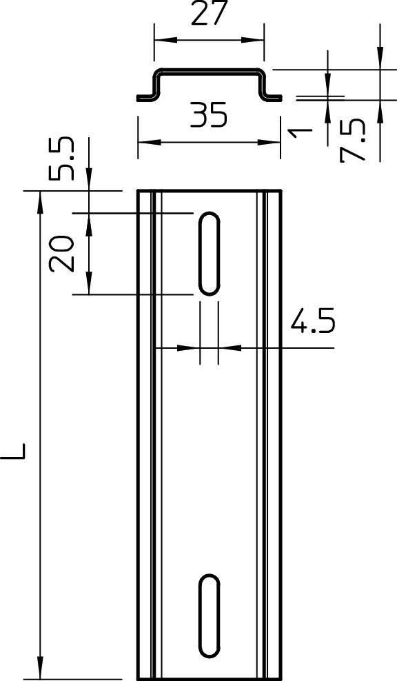 Technische Zeichnung eines Metallprofils mit Maßen: Breite 35 mm, Höhe 27 mm, Länge L, Löcher im Abstand von 20 mm, Lochdurchmesser 4,5 mm.