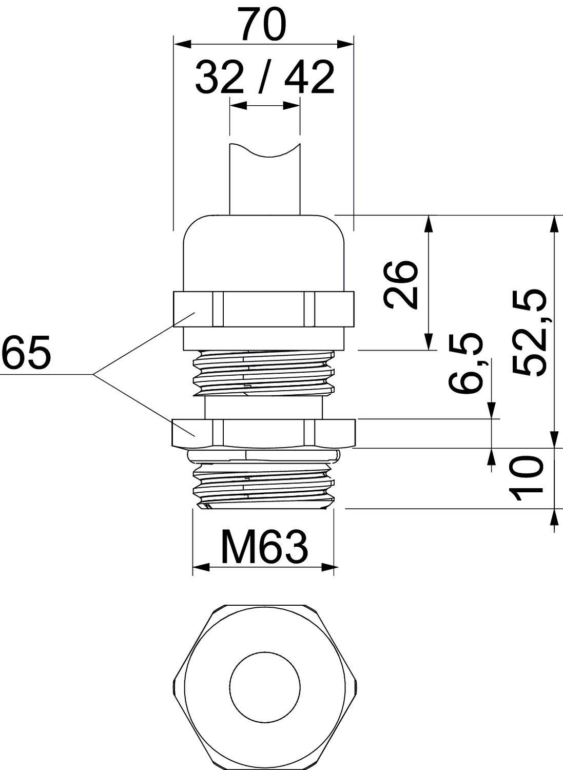 Technische Zeichnung eines zylindrischen Bauteils mit Gewinde M63. Maße: 70 mm Länge, 65 mm Durchmesser, 32/42 mm Breite.