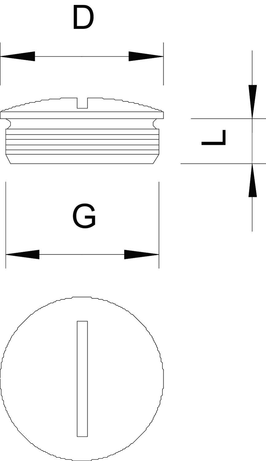 Technische Zeichnung eines Schraubstopfens mit Längsrillen, Gewindedurchmesser 'G' und Kopfdurchmesser 'D', Schnittansicht und Draufsicht.
