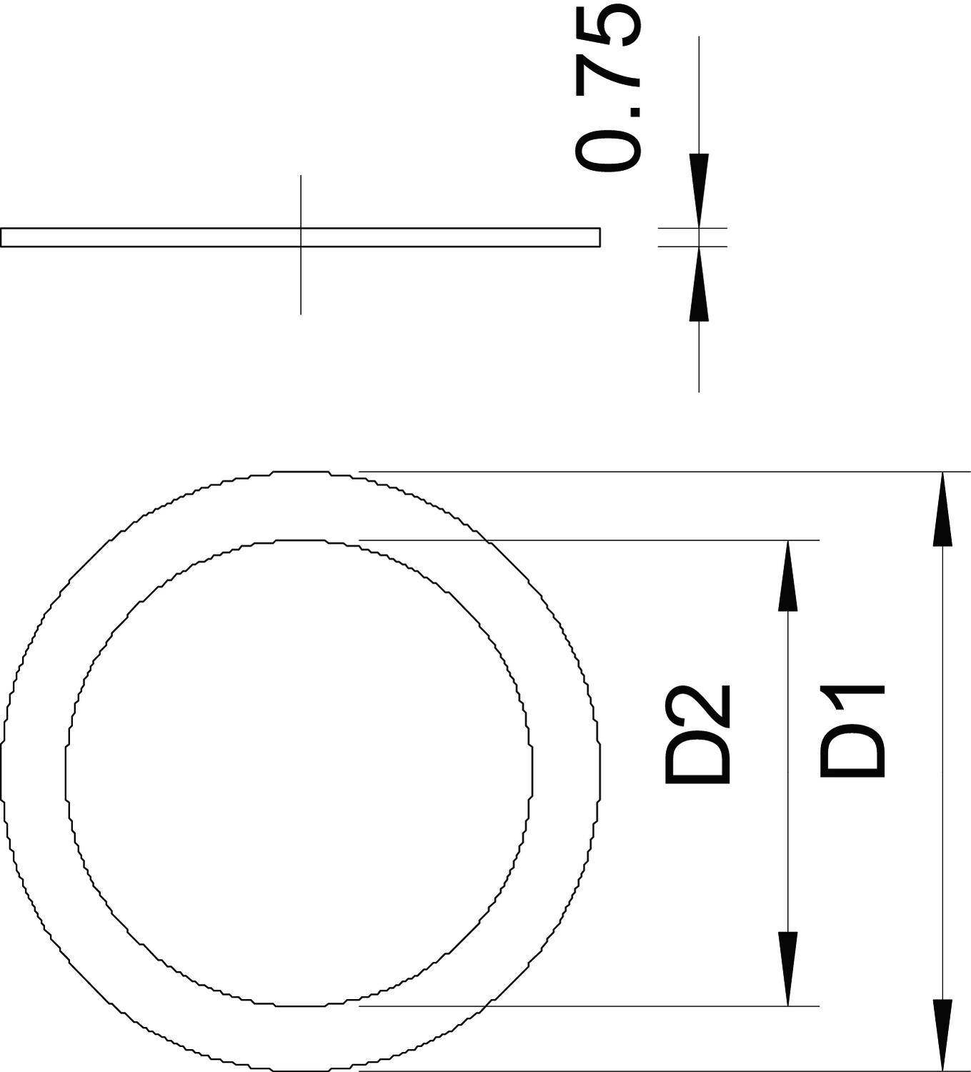 Technische Zeichnung eines Rings mit zwei Durchmessern: D1 und D2. Seitenansicht zeigt eine Dicke von 0,75.