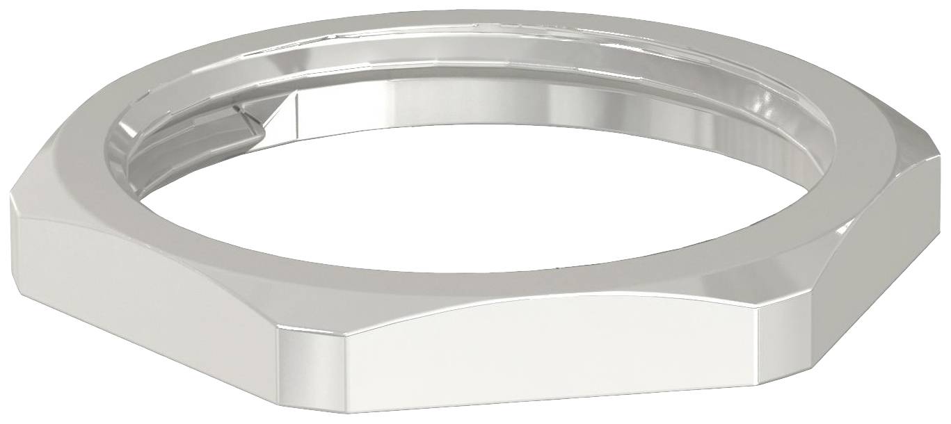 Ein silberfarbener, sechseckiger Schraubring, glatt und glänzend, aus Metall, zur Sicherung von Komponenten auf einer Achse.