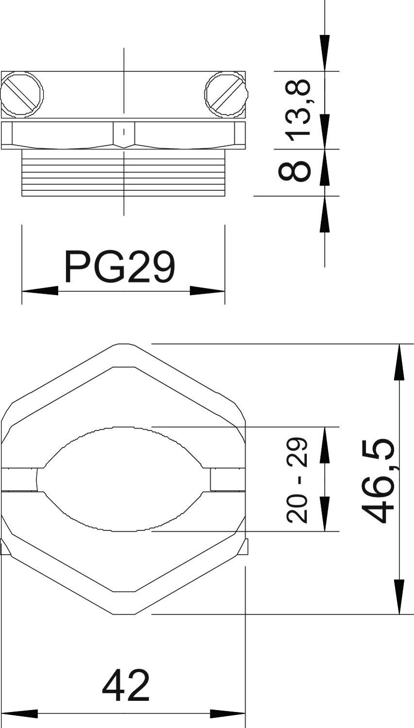 Technische Zeichnung einer PG29 Kabelverschraubung. Maße: Höhe 21,8 mm, Breite 42 mm, Kabeldurchmesser 20-29 mm, Gesamtbreite 46,5 mm.