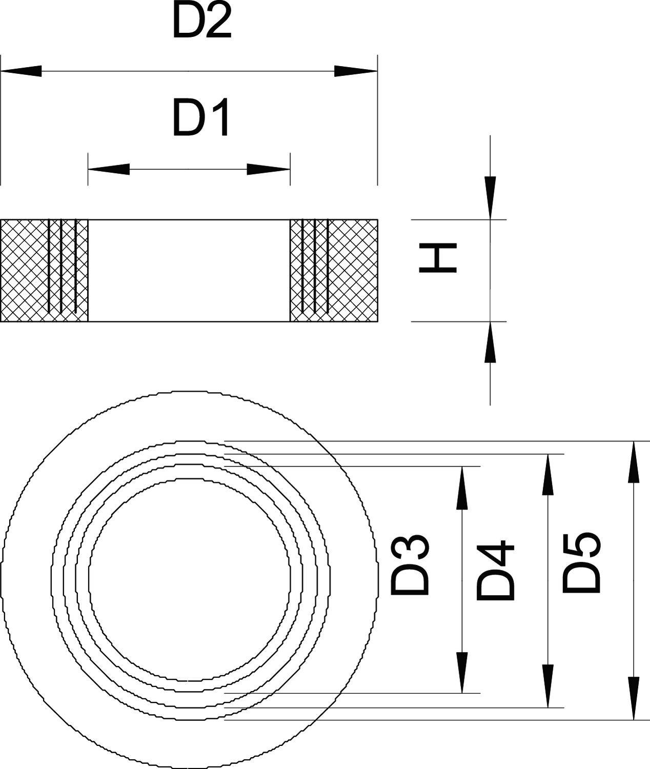 Technische Zeichnung einer Buchse mit den Maßen D1, D2, D3, D4, D5 und H beschriftet. Ansicht von oben und von der Seite.