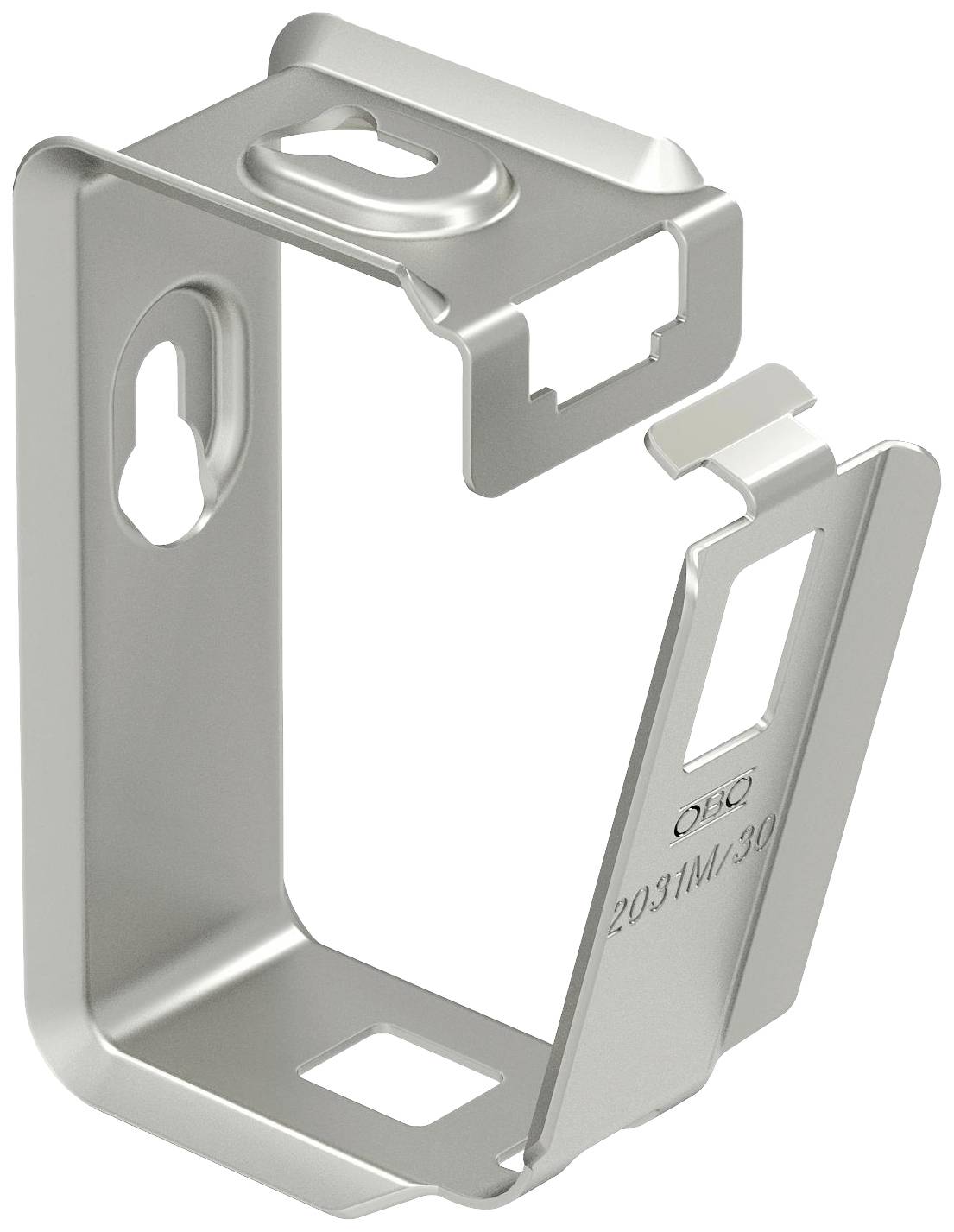 Metallhalterung mit zwei Befestigungslöchern und rechteckiger Aussparung an der Seite. Aufdruck 'OBO' und Seriennummer.