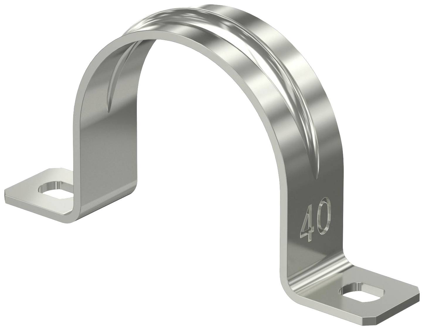 Gebogenes Metallrohrschelle mit zwei Befestigungslöchern an den Enden und der Nummer '40' eingeprägt.