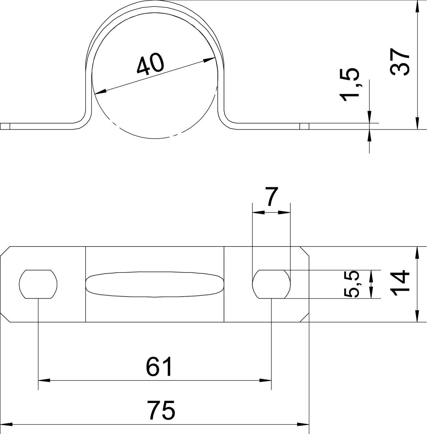 Technische Zeichnung einer Metallhalterung mit Bemaßungen: Oben 40 mm Kreis, Gesamthöhe 37 mm, Länge unten 75 mm, Breite 14 mm.