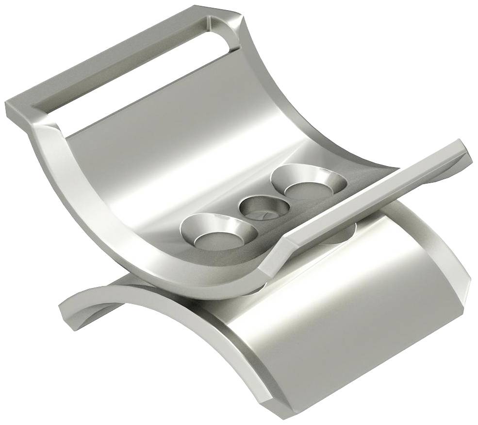 Metallischer Tischständer mit gebogenem Design und runder Aussparung auf der oberen Ablage, geeignet für elektronische Geräte.