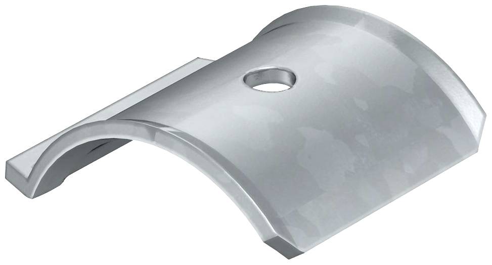 Abbildung einer silbernen, gebogenen Metallabdeckung mit einem zentralen Loch und abgerundeten Kanten, vermutlich für technische Anwendungen.