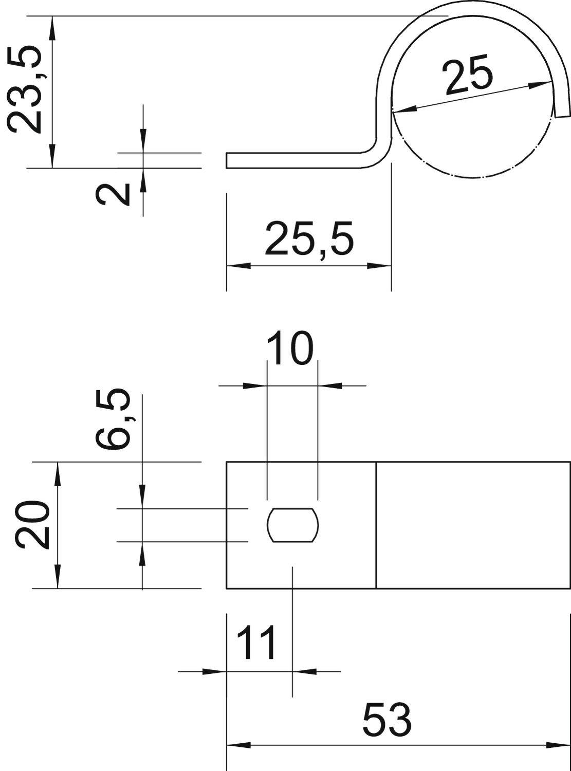 Technische Zeichnung eines Metallhakens mit Maßangaben: Länge 53 mm, Höhe 23,5 mm. Durchmesser Rohr: 25 mm, Abstand zur Kante 2 mm.